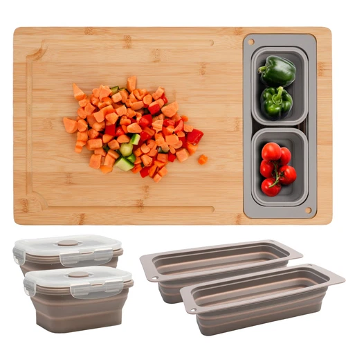 Cutting Board Bamboo With Silicone Containers, 9-Piece Prep Station