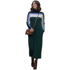 Tory Burch Sweater Dress Womens Sm Green Colorblock Turtleneck Merino Wool Midi