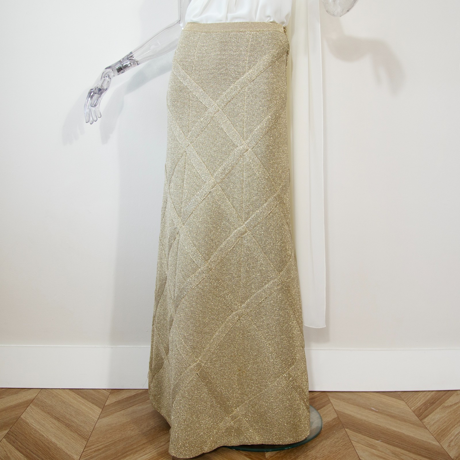 Maxi Falda Tejida Lurex Dorada Años 70 Metálica Noche Geométrica Reino Unido 8-10
