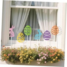 Metal Easter Day Planter Stakes - 6Pcs Cute Bunny Yard Sign Easter Egg Cut-Out