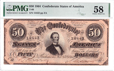 1864 $50 Confederate States of America T-66 PMG Choice AU 58 #14443