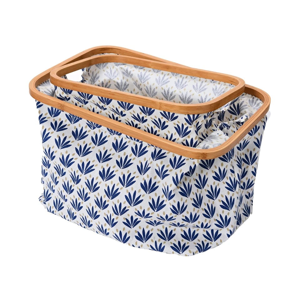 Bamboo Rimmed Krush Hamper with Cutout Handles, Set of 2 Sizes, Blue Cacti - Image 4 of 4