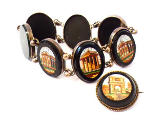 Vintage French Silver Micromosaic Onyx Bracelet & Micromosiac Brooch (StM)