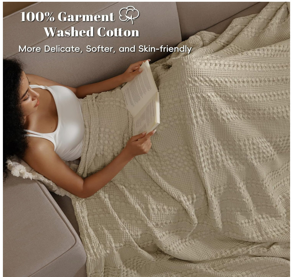 PHF 100% Cotton Waffle Weave Blanket Oversized King Bed, Lightweight Washed C...