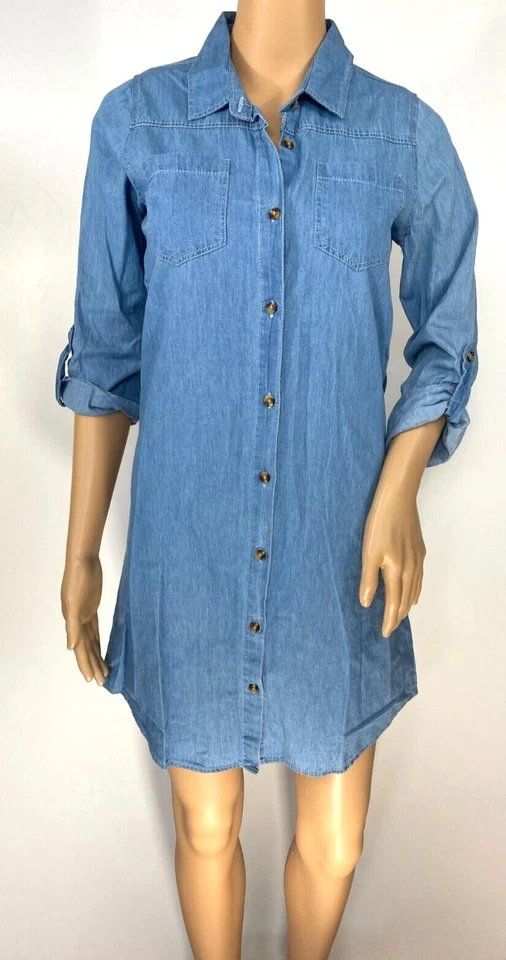 Vestido camisa midi jeans Rue21 Jrs feminino tamanho XS manga aba rolo botão frontal novo com etiquetas - Imagem 3 de 4