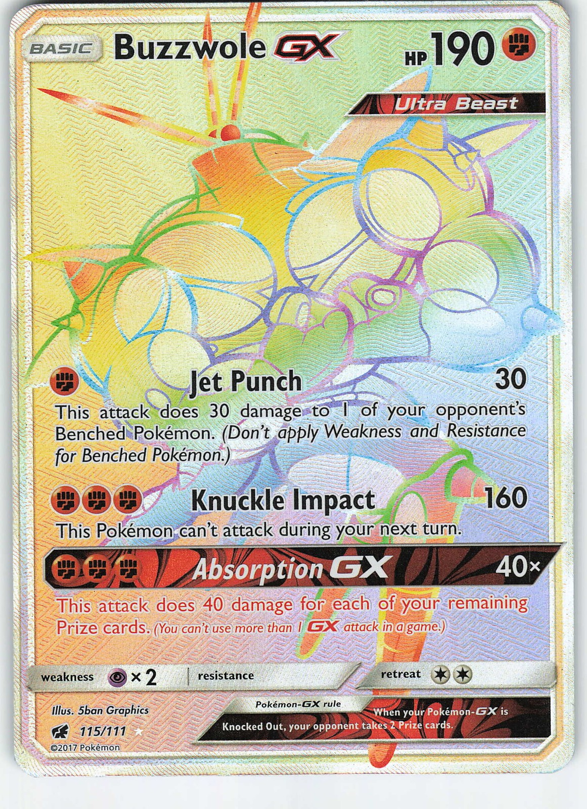 Buzzwole GX (Secret) 115/111 Secret Rare Holo SM - Crimson Invasion NM Pokémon