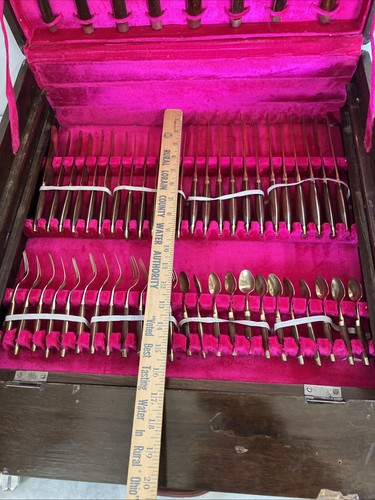 Juego de cubiertos vintage tailandeses lapidarios de latón palisandro 144 piezas caja de almacenamiento de madera - Imagen 5 de 24