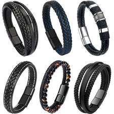 6 Pcs Men's Leather Bracelets Set - Multi-Layer Braided Black Stainless Steel