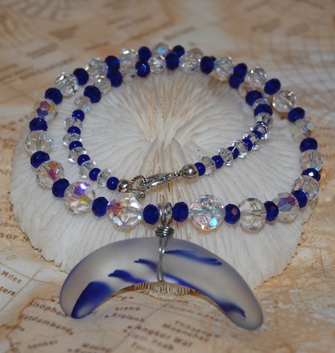 Wire Wrapped Cobalt Blue Faux Sea Glass Necklace 17.5" Handmade Beaded Jewelry - Picture 3 of 4