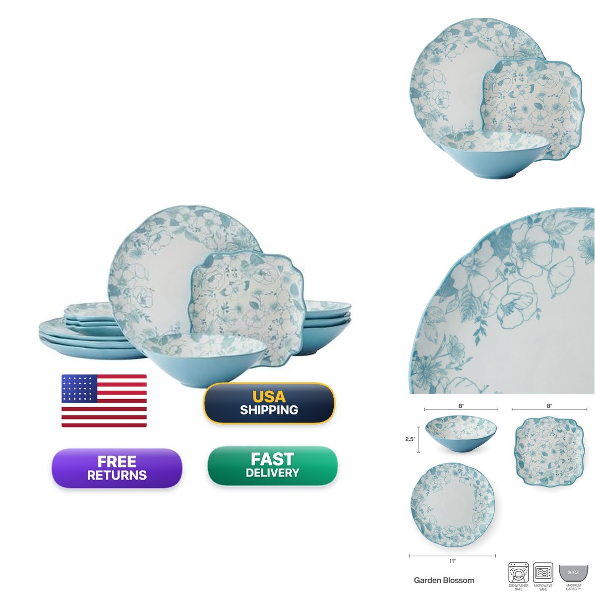 Pfaltzgraff Garden Blossom Floral 12 Piece Plate Bowl Dinnerware Set, Blue
