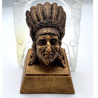Bronze tone Native American Chief Bust Figurine 4'' Resin on Base