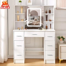 White Vanity Set & Led Lights Makeup Desk Mirror Dressing Dresser Table For Gift