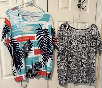 Lot of 2 Kim Rogers Women s Plus 3X SS Scoop Neck Knit Tees Zebra/Tropical