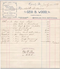 1892 Geo B Wood Manufacturer Saddles & Harness Ogontz PA Billhead 9.25"H