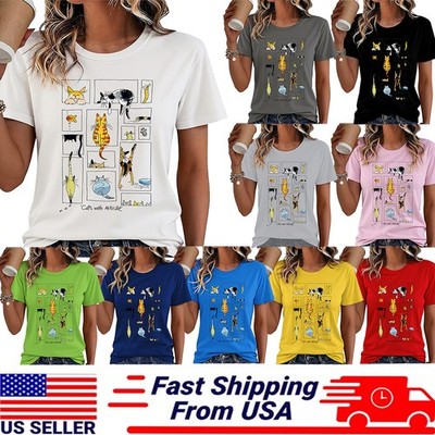 Women Cat Graffiti Cotton T-Shirt Short Sleeve Top Casual Tunic Tee USA SELLER