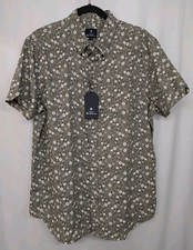 New The Original Ben Sherman Men Large Floral Button Up Shirt DK Oatmeal Beige