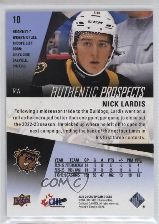 2023-24 Upper Deck SP Game Used CHL Edition /16 Nick Lardis #10 - Image 2 of 2