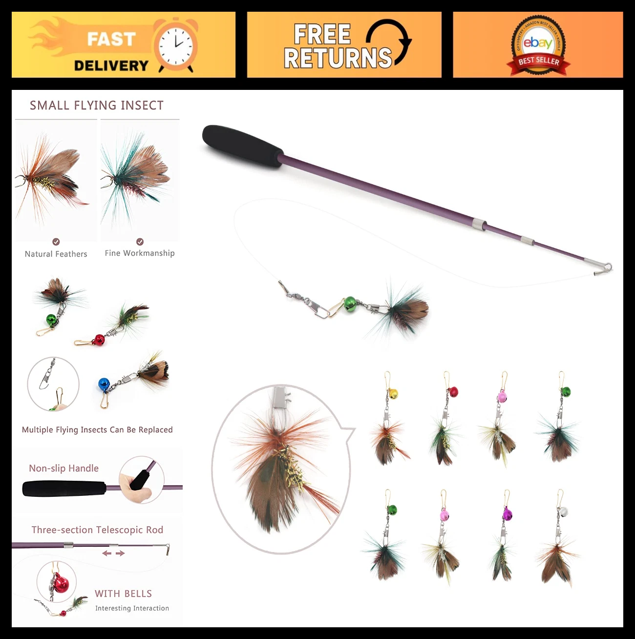 Interactive Cat Teaser Wand Toy Set - 10 Pieces with Retractable Wand & Feather