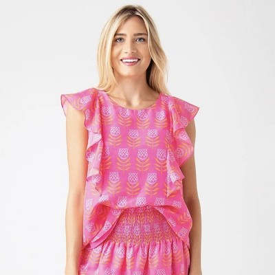J. Marie Maeve Pink Tulip Flower Print Blouse Sleeveless Ruffle Womens Sz Medium