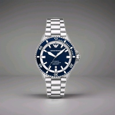 Men's Emporio Armani Sea Explorer Automatic Watch AR60079 silver, blue face new 