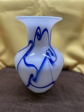 Beautiful Contemporary Murano Style White Blue Swirl Marble Trailed Glass Vase