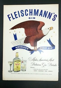 1951 Fleischmann's Gin Color Print Ad Bald Eagle Reverse Jantzen Bathing Suit Ad