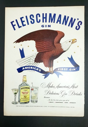 1951 Fleischmann's Gin Color Print Ad Bald Eagle Reverse Jantzen Bathing Suit Ad