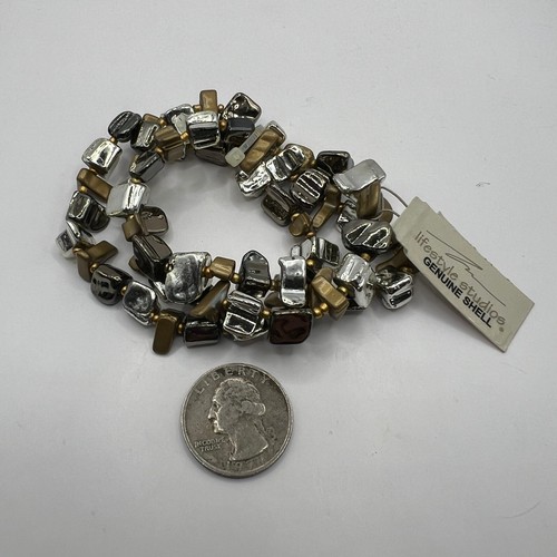 Mixed Metal Bracelets Set of Three Genuine Shell Stretch Gold Silver Tone - Picture 6 of 6