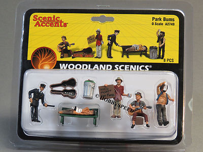 WOODLAND SCENICS PARK BUMS O GAUGE train figures policeman bench people WDS2749