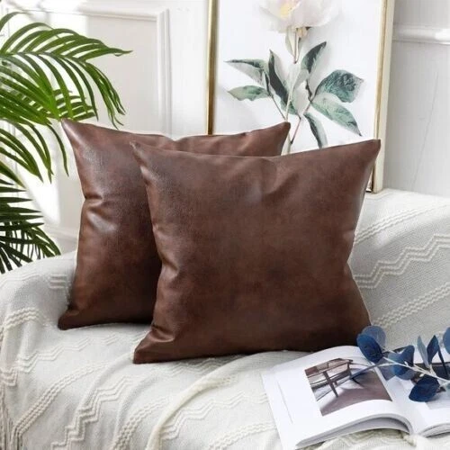 Set of 2 Faux Leather Decorative Throw Pillow Covers Modern Solid Outdoor Brown