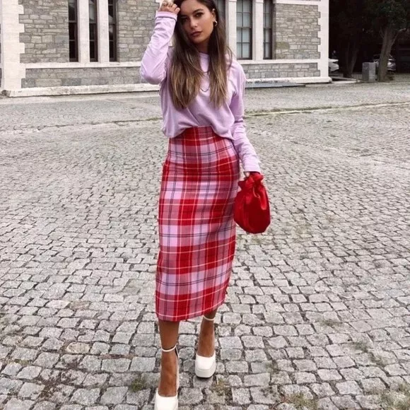 Pink tartan top midi skirt