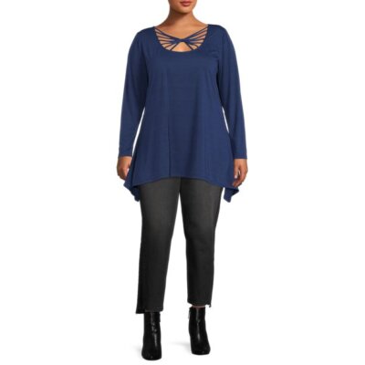 Dora Landa Women's Plus Size Sharkbite Knotted V-Neck Top, Navy, 2X