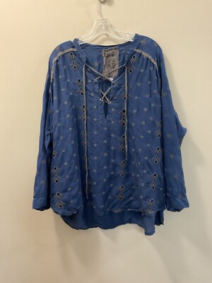 Johnny Was Boho Blue Silk Embroidered Eyelet With Pockets Tunic Top Size S