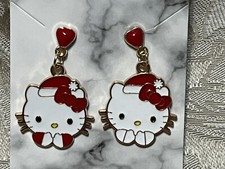 Gold Stud Hello Kitty Christmas Bow Enamel Drop Dangle Adorable Earring Set