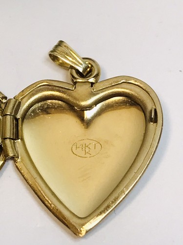 14K Vintage Locket Solid Gold Heart Within Heart Center Diamond Puffy Pendant - Picture 18 of 18