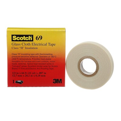3M Scotch Glass Cloth Electrical Tapes 69, White, 1/2'' x 22 yards, White