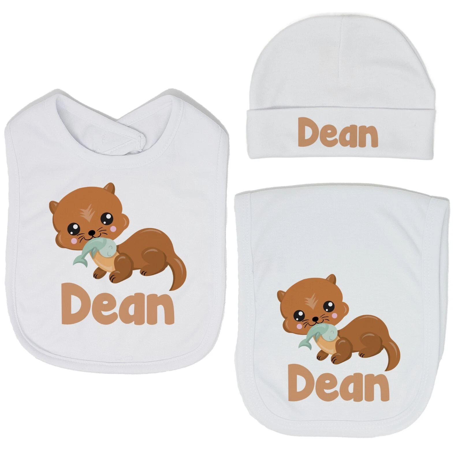 Baby Boy Personalized Custom Cute Sea Otter Bib and Burp Cloth Set VS2