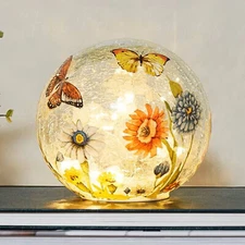 LED Lighted Butterfly Floral Crackle Glass Globe Ball Lamp Tabletop Home Decor