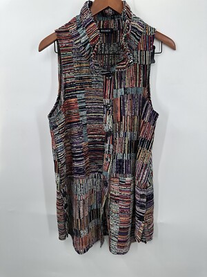 Damee Button Up Top Sleeveless Blouse Long Artsy Multicolor Collared Boho S Q2