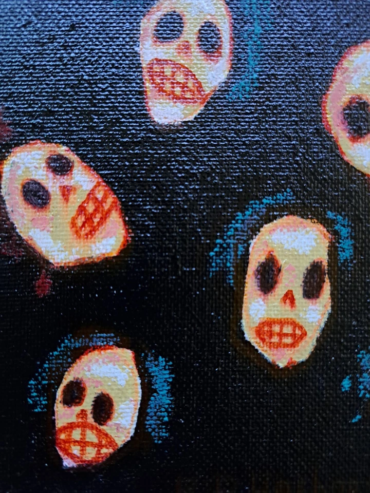 Pintura Calavera Negro Azul Mini "KEWL SKULLS" 5x7 Limitado 1/1 Firmado Foto 4 de 4
