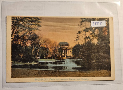 Wiesbaden Partie am warmen Damm und Theater original Postkarte