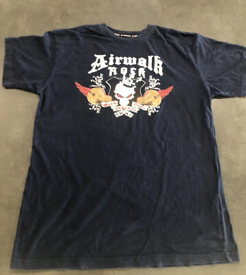 Airwalk T Shirt Skull Guitar Rock Logo Embroidered Large Blue 