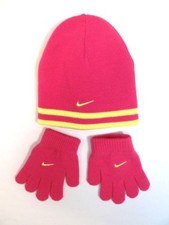 Nike Swoosh Pink  Yellow Knit Beanie  Knit Stretch Gloves Youth Girls 7-16 NWT