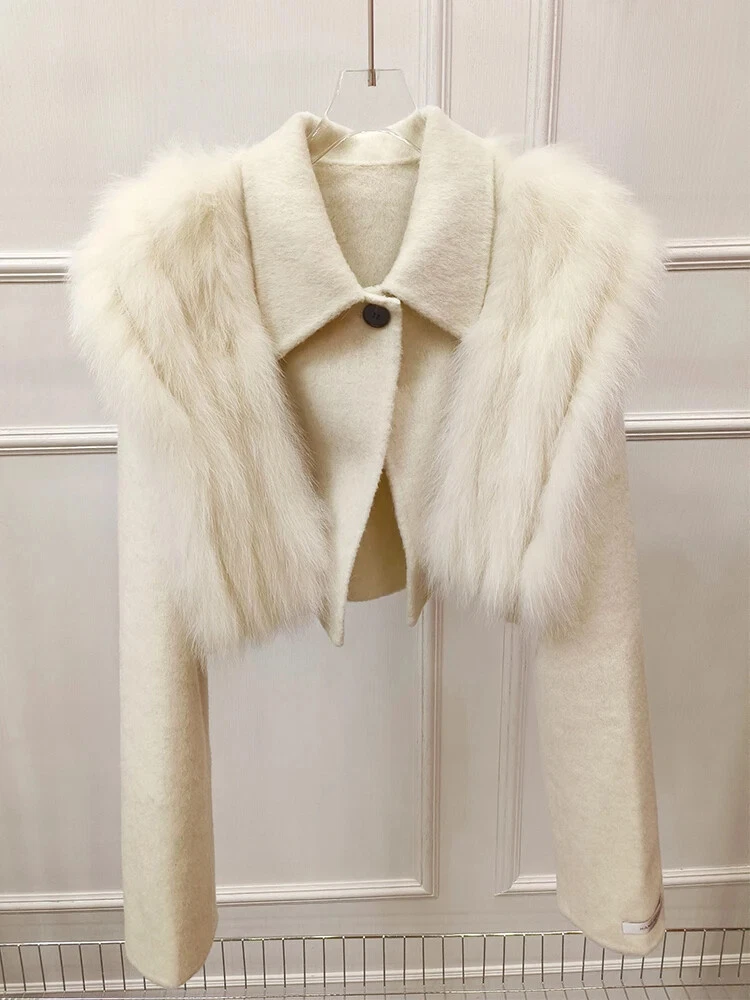 OFF WHITE Giacca donna autunno doppio lato corta lana vera pelliccia primavera bianco cappotto lana