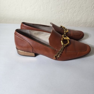 Louise et Cie Tan Leather Chain Loafers Square Toe Gold Detail Womens 7.5 M 38