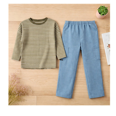 Handmade Jungen Outfit Set 110 gestreiftes Langarmshirt oliv & Hose  hellblau
