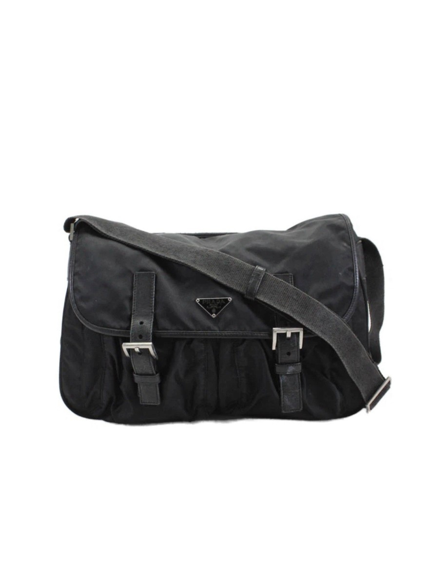 バッグ PRADA nylon messenger bag dark gray Re-Nylon leather-trimmed crossbody bag in grey - Prada