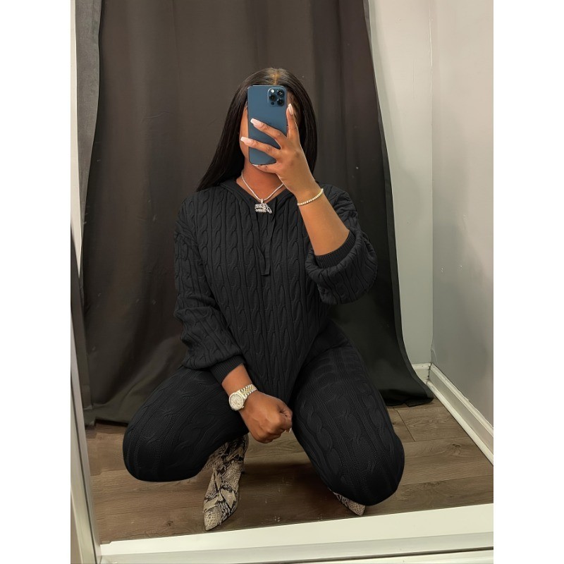 Usboutiquechic Women's 2pcs Sweater Outfits Knit Casual Hooded Top Pants Sets