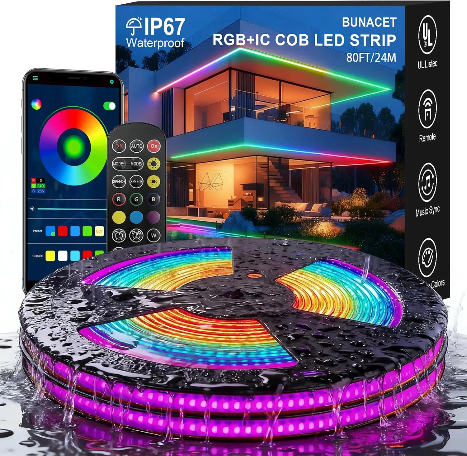 80Ft RGB+IC LED Strip Lights with Remote, Music Sync for Outdoor Decor