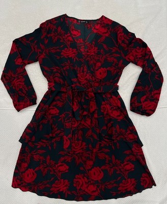 Uguest Long Sleeve Ruffle Floral Print Dress Belted Waist light weight LARGE